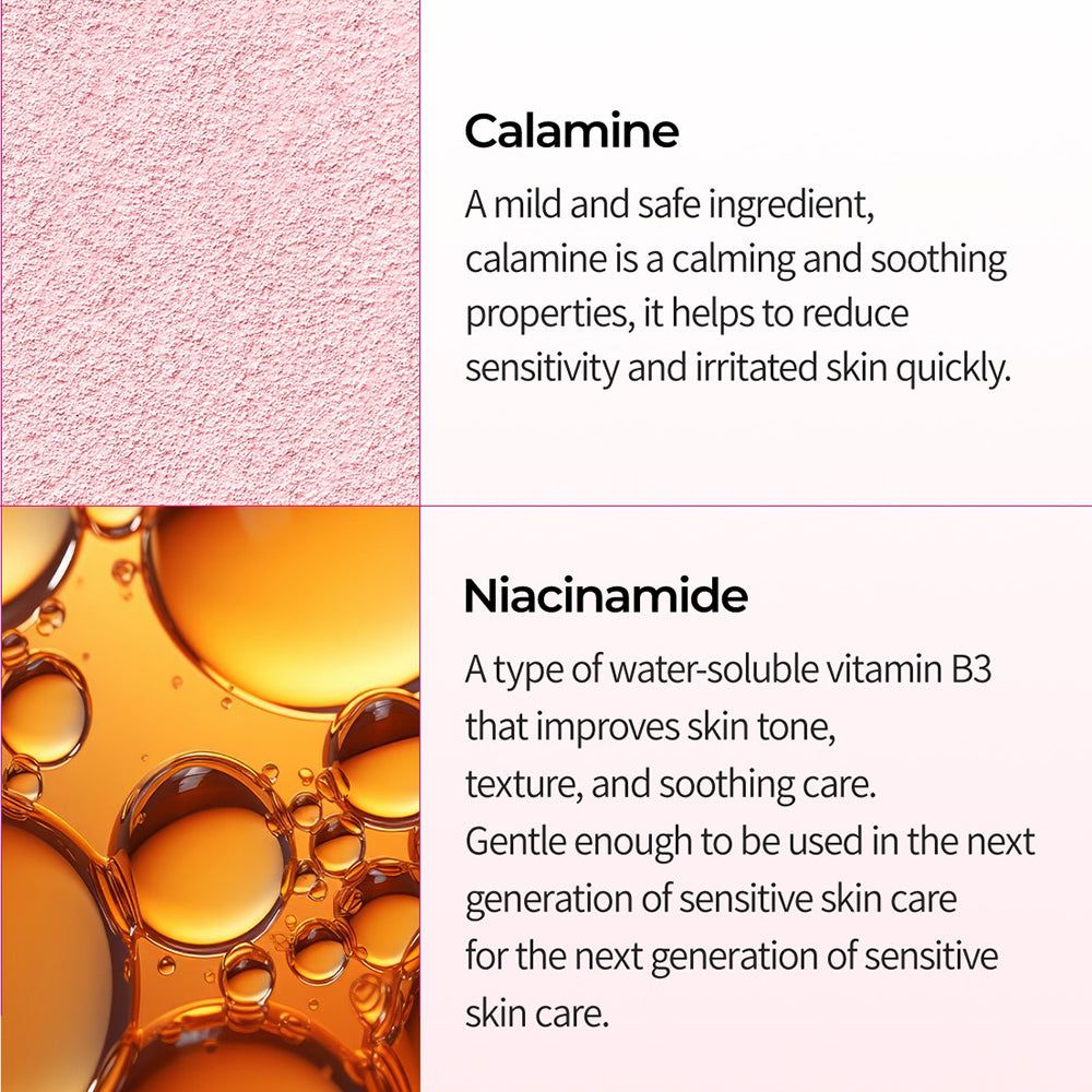 Sezioni di testo su calamina e niacinamide. Descrizioni degli ingredienti e dei loro benefici per la pelle.