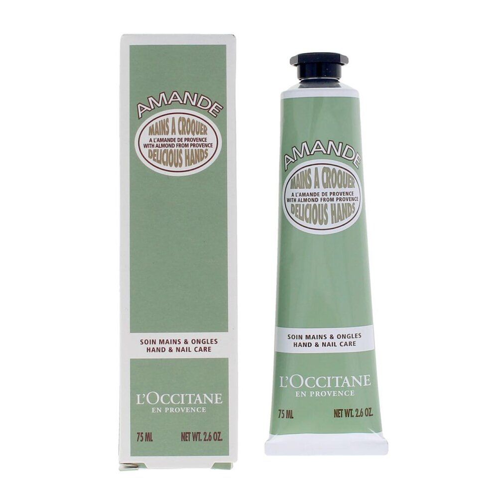 Tubo e scatola verdi. Scritta: Amande, Mains a Croquer, Delicious Hands. Marchio: L'Occitane. 75 ml.