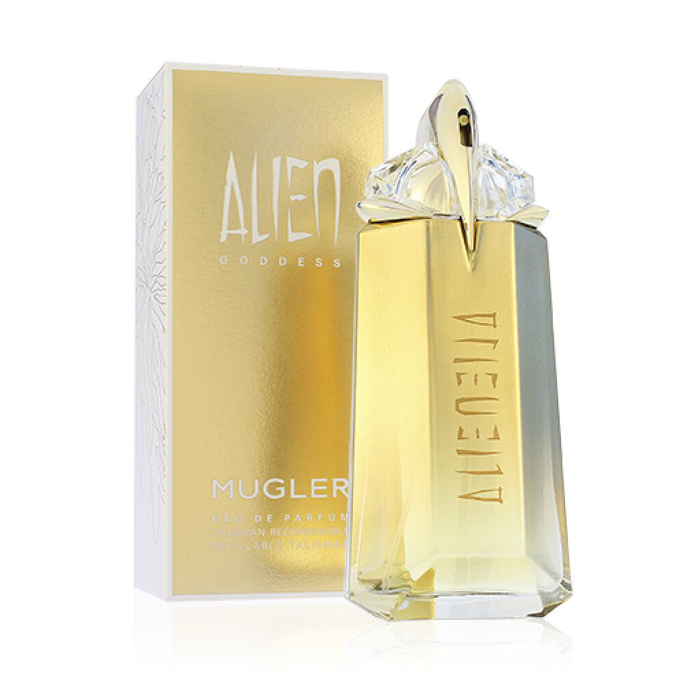 Flacone dorato e confezione con scritta Alien Goddess e logo Mugler.