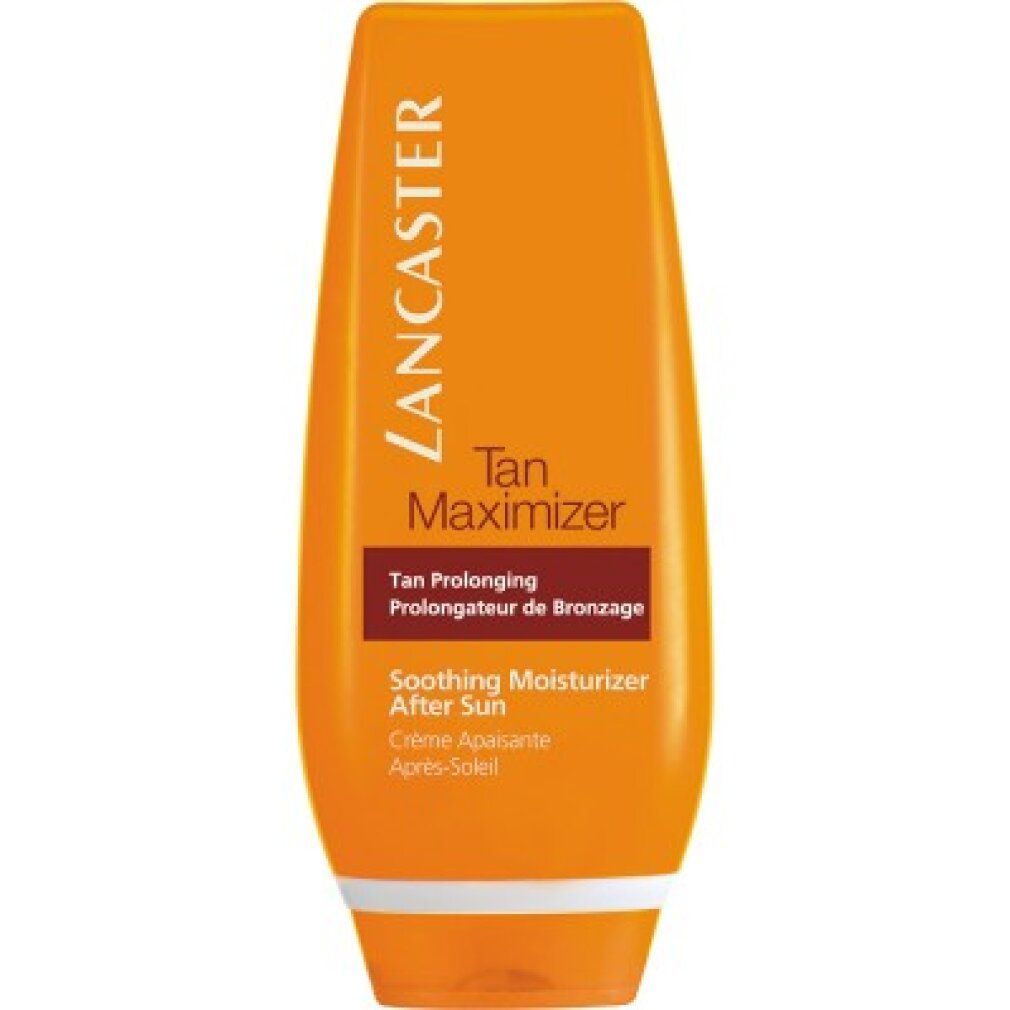 Tubo arancione. Scritta: Lancaster, Tan Maximizer, Tan Prolonging, Soothing Moisturizer After Sun, Crème Apaisante.