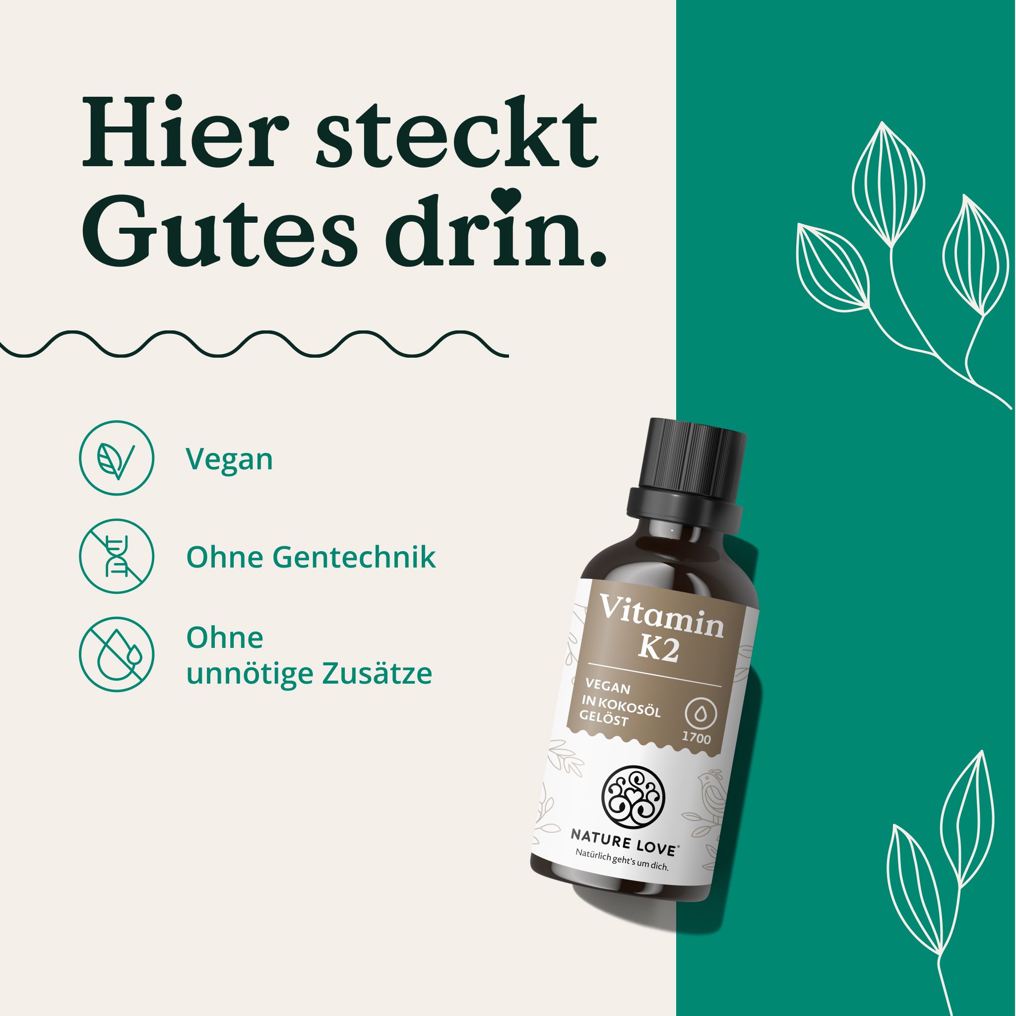 Flacone di Vitamina K2 vegana disciolta in olio di cocco di Nature Love.