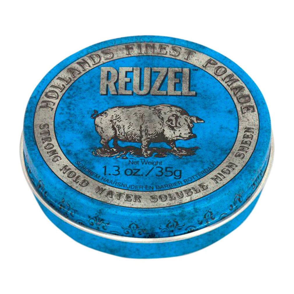 Barattolo rotondo blu con bordo argentato. Scritta: Reuzel, Hollans Finest Pomade. Illustrazione di maiale. 1.3 oz./35g.