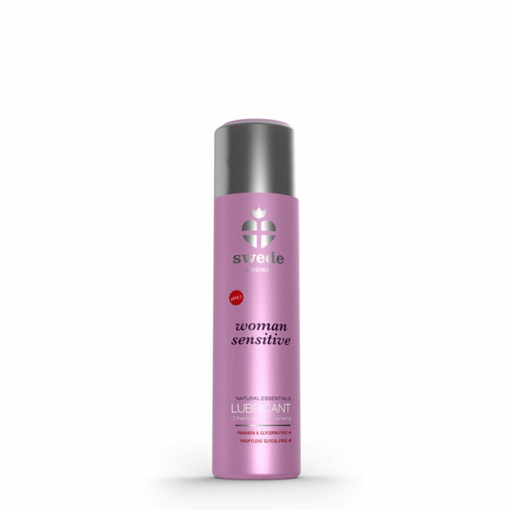 Due flaconi rosa con tappi argentati. Scritta: Swede, woman sensitive, Lubricant. pH 4.5.