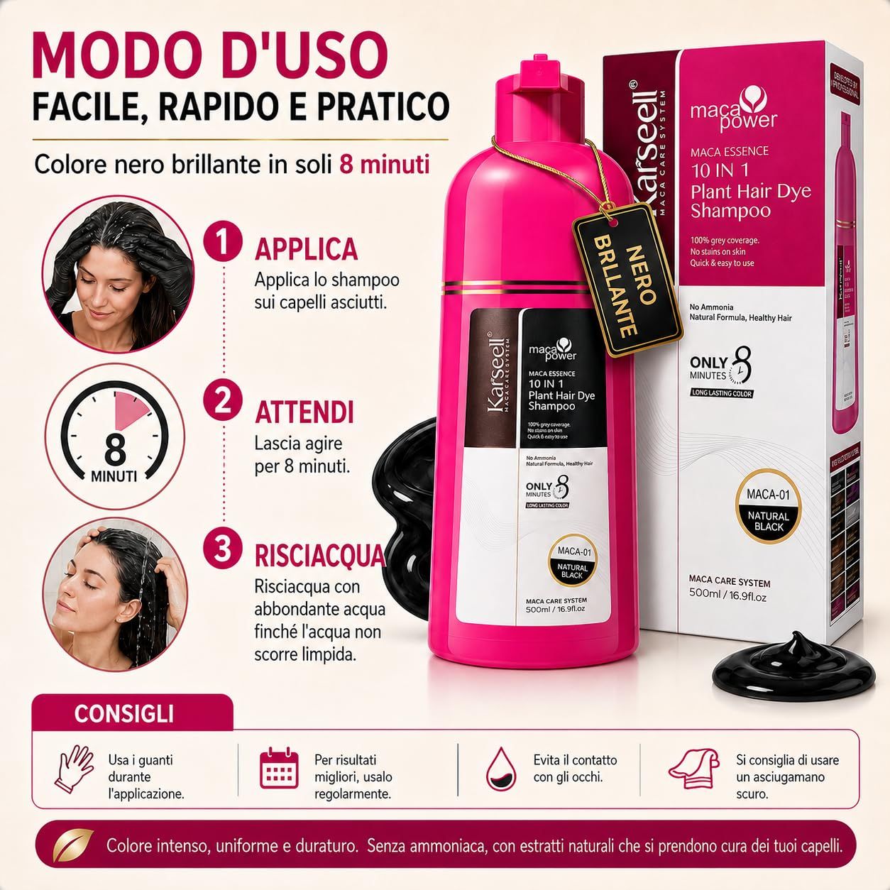 KARSEELL Shampoo Colorante Nero Naturale Copertura Capelli Bianchi Istantanea Cheratina