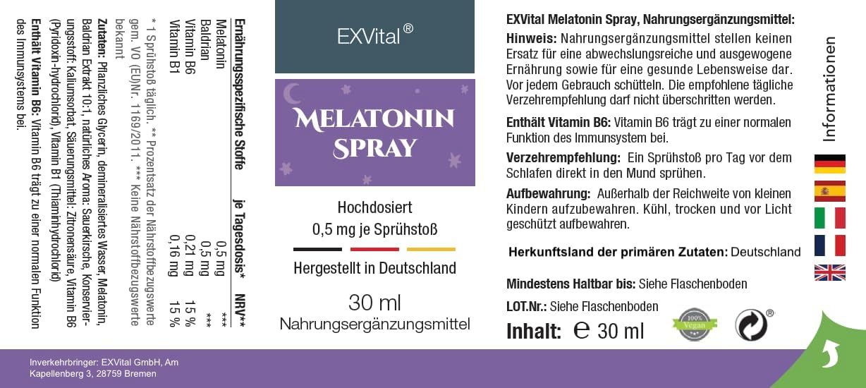 Confezione del prodotto con informazioni sugli ingredienti, dosaggio, informazioni del produttore e avvertenze. 30 ml. Contiene melatonina, vitamina B1+B6. Prodotto in Germania.