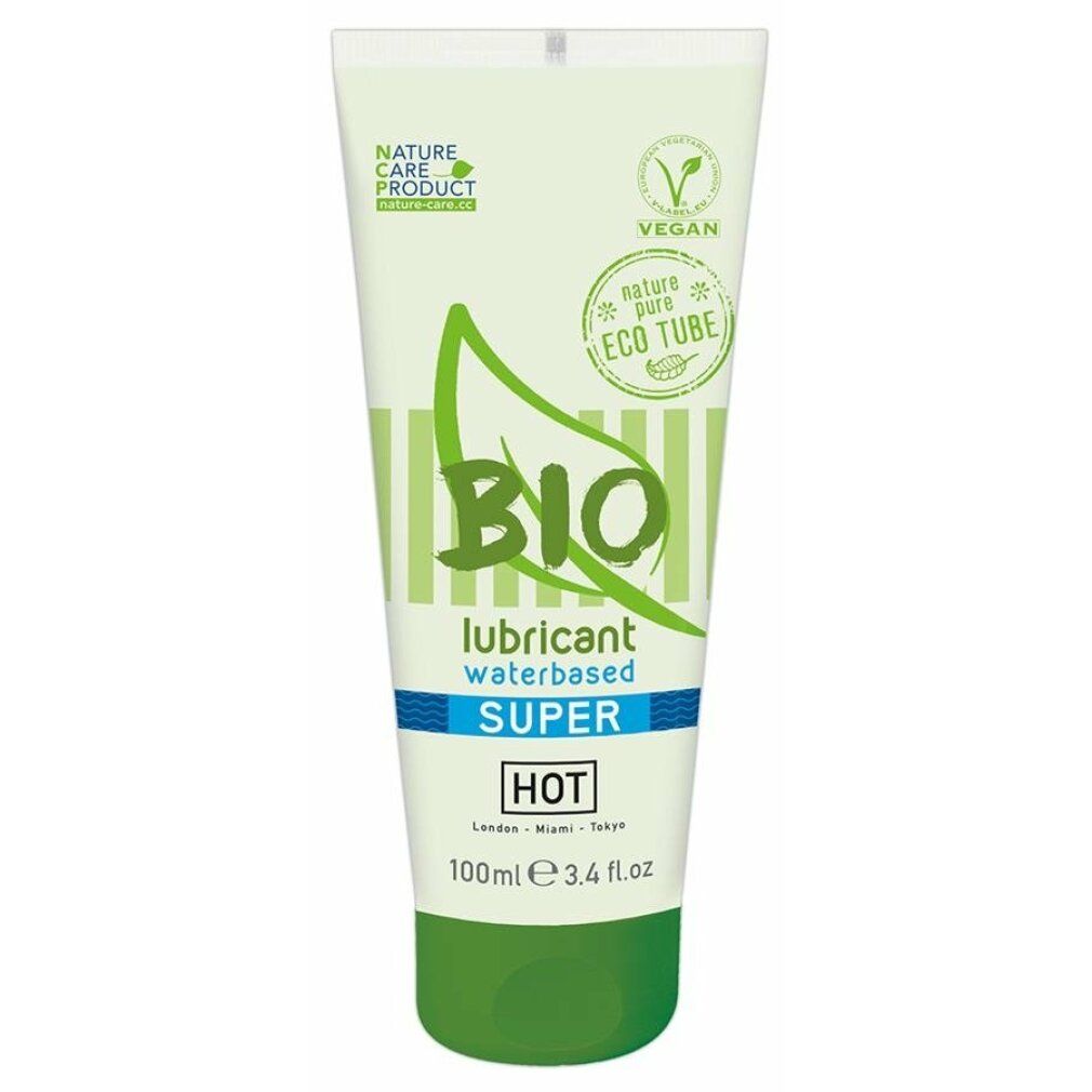 Tubo di lubrificante BIO, verde e bianco. Scritta BIO, SUPER, HOT. Certificazione Vegan.