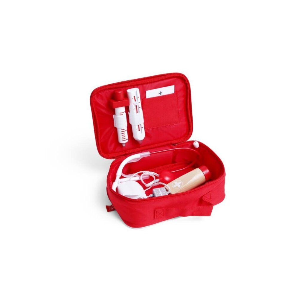 Hape Dein Doktorset aperto: siringa, termometro, stetoscopio e tubetto di crema in borsa rossa.