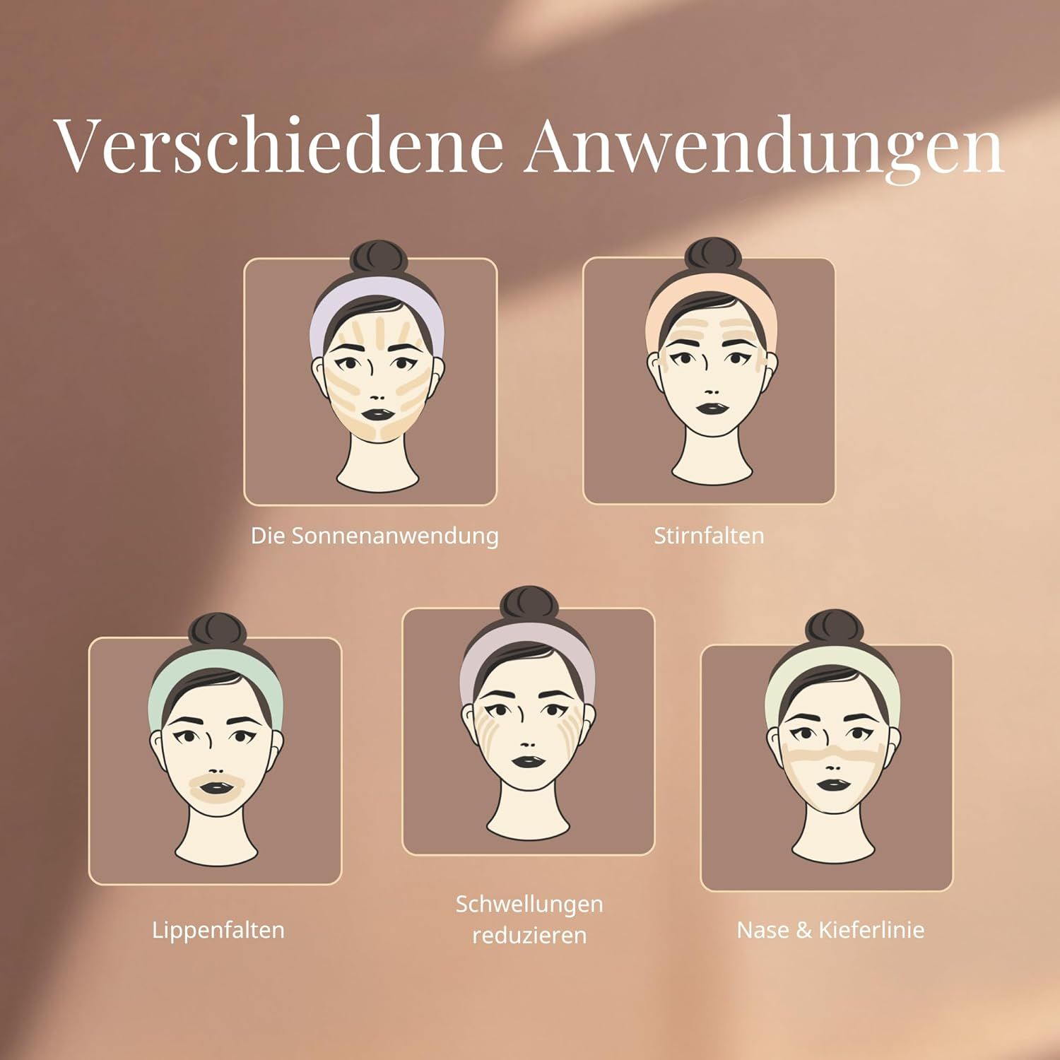 Illustrazioni di diverse applicazioni del tape sul viso. Aree: Applicazione solare, Rughe della fronte, Rughe delle labbra, Gonfiore, Naso e mascella.