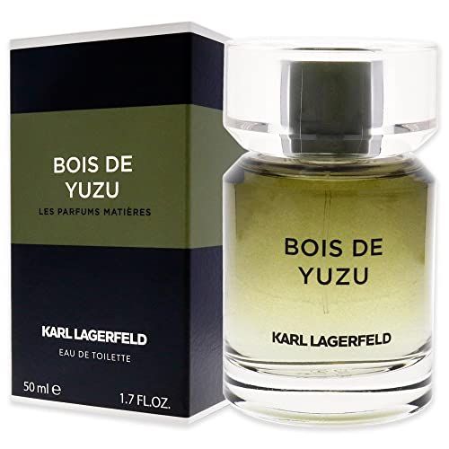 Flacone e confezione Karl Lagerfeld Bois de Yuzu. Confezione nera con dettagli verdi. Scritta Bois de Yuzu e Karl Lagerfeld.