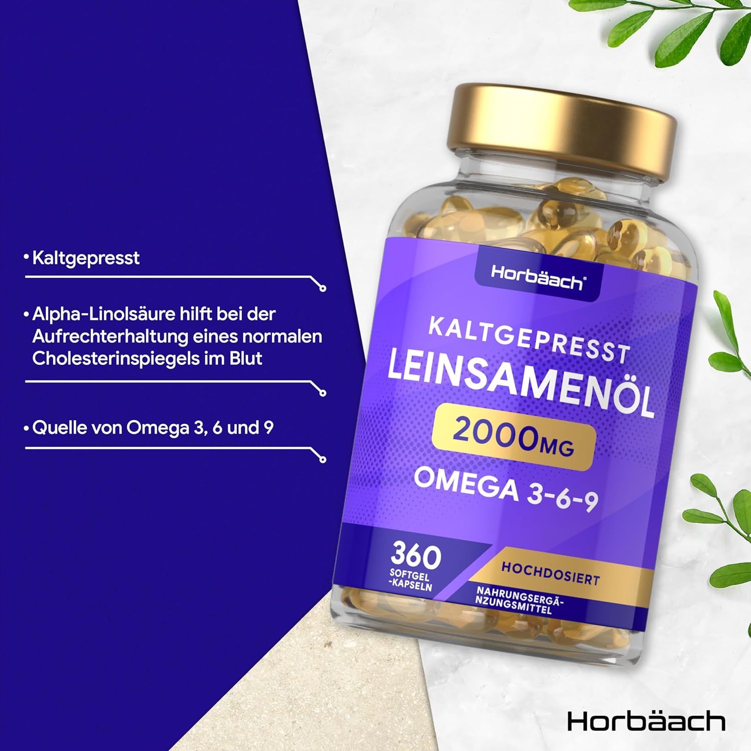Flacone di capsule. Scritto: Olio di semi di lino spremuto a freddo 2000mg Omega 3-6-9. 360 capsule molli. Sfondo blu.