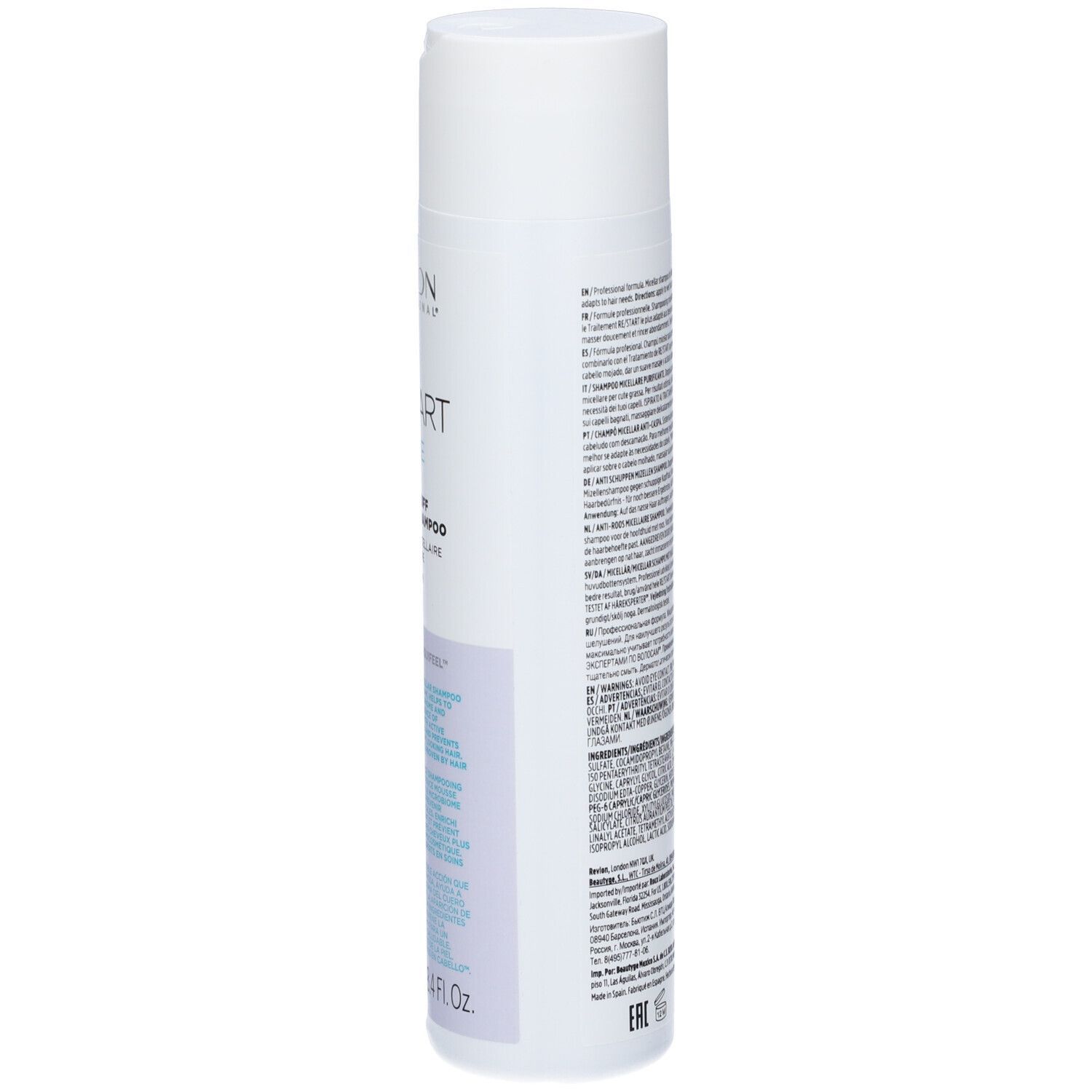 Flacone bianco-blu. Testo: Revlon Professional, Re/Start Balance, Shampoo Micellare Anti-Forfora.