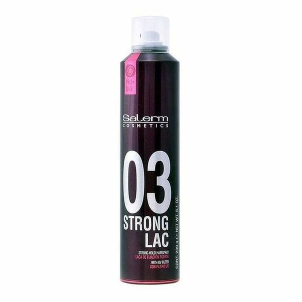 Bomboletta spray per capelli. Marchio Salerm Cosmetics. Scritta "03 Strong Lac". Colori rosa e bianco. Con erogatore.
