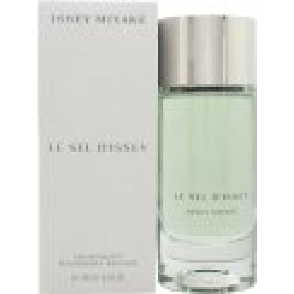 Flacone e confezione. Scritta: ISSEY MIYAKE, LE SEL D'ISSEY. Flacone con liquido verdognolo.