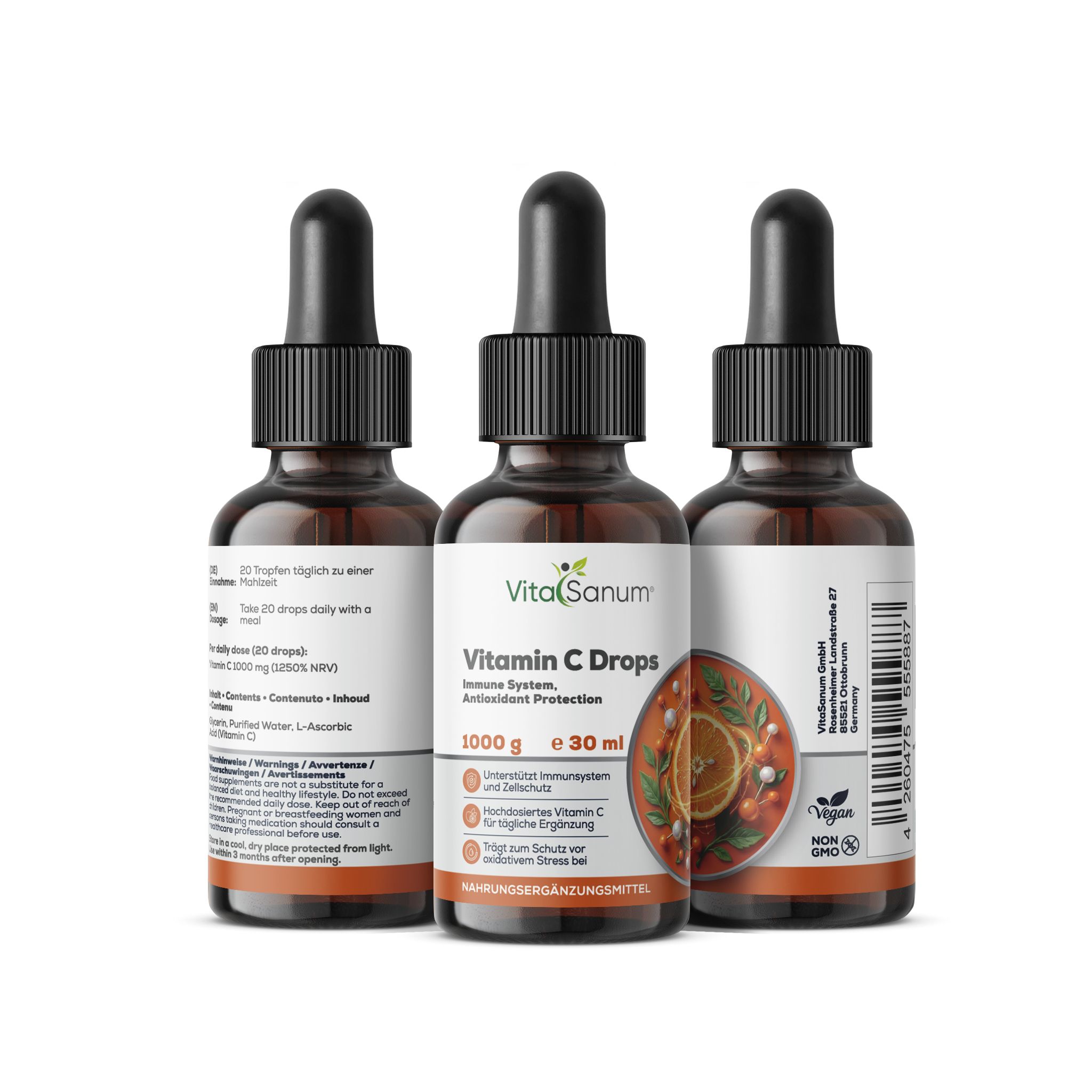 Tre flaconi in vetro marrone con contagocce, ciascuno contiene 30 ml di gocce di vitamina C.