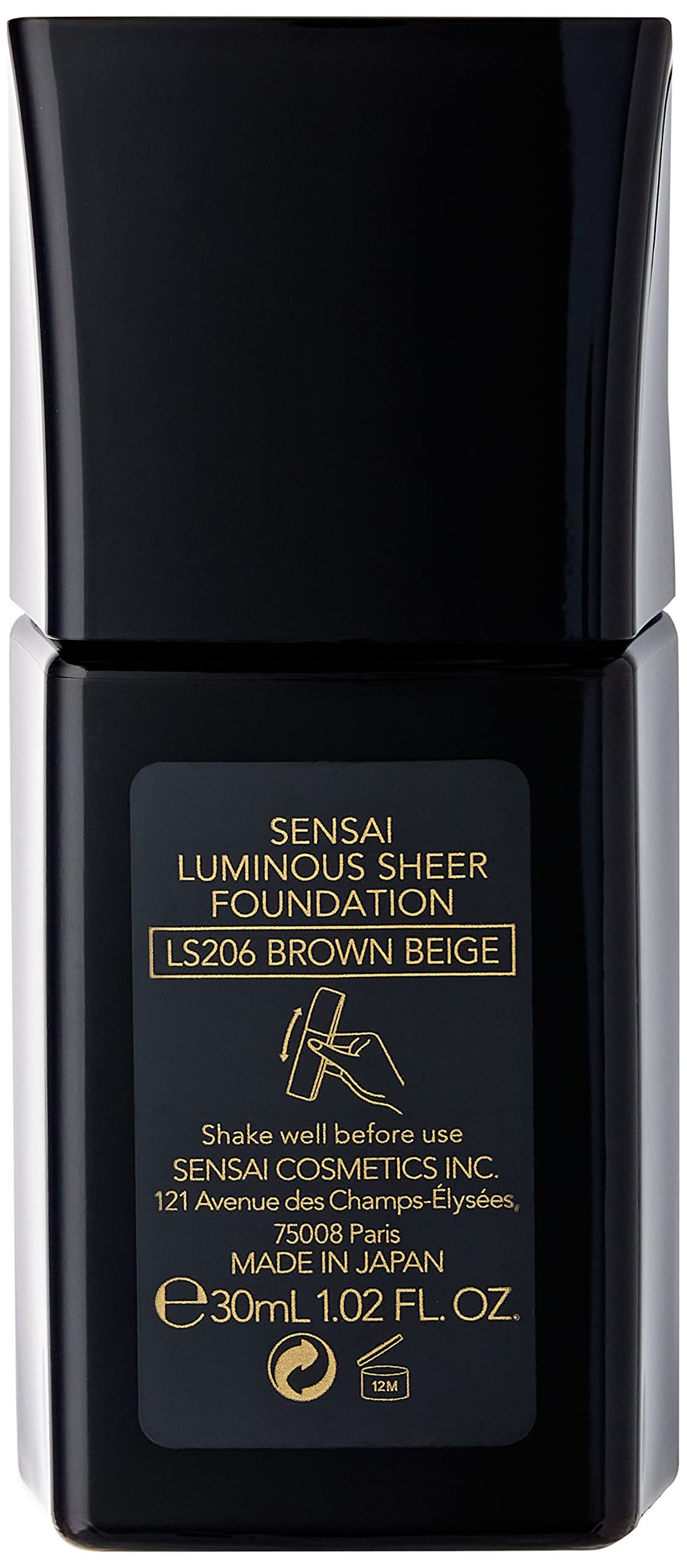 Flacone nero con etichetta. Scritta: Sensai, Luminous Sheer Foundation, LS206 Brown Beige, 30ml.