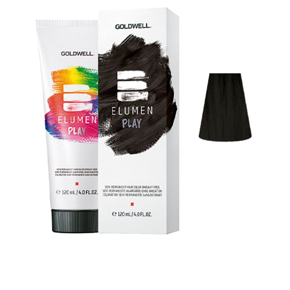 Goldwell Elumen Play Black. Tubo e scatola. Colore nero applicato. 120 ml. Loghi colorati.