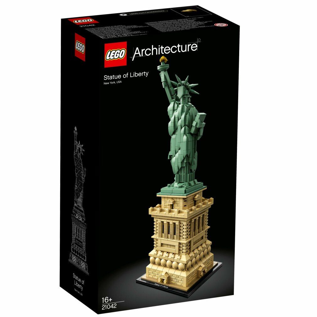 LEGO Architecture Statua della Libertà. Modello verde-beige su base nera. Confezione con logo e nome del prodotto. Età consigliata 16+.