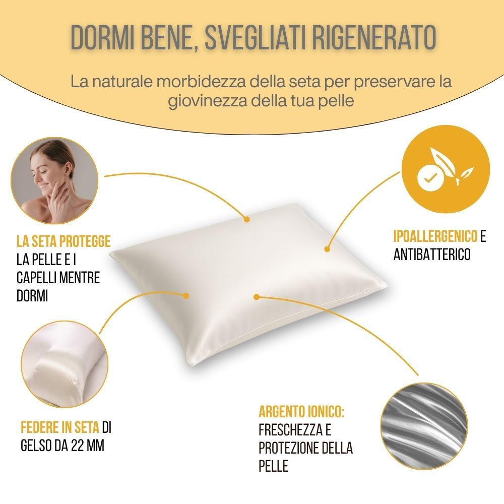 Cuscino con testo e grafica. Testo: « Dormi bene, svegliati rigenerato ». Federa in seta.