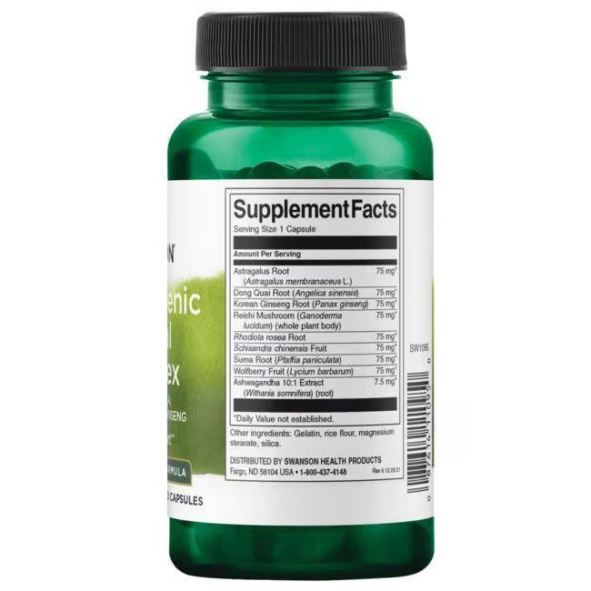 Flacone verde con tappo nero. Retro con informazioni nutrizionali ed elenco ingredienti. Contiene 60 capsule.