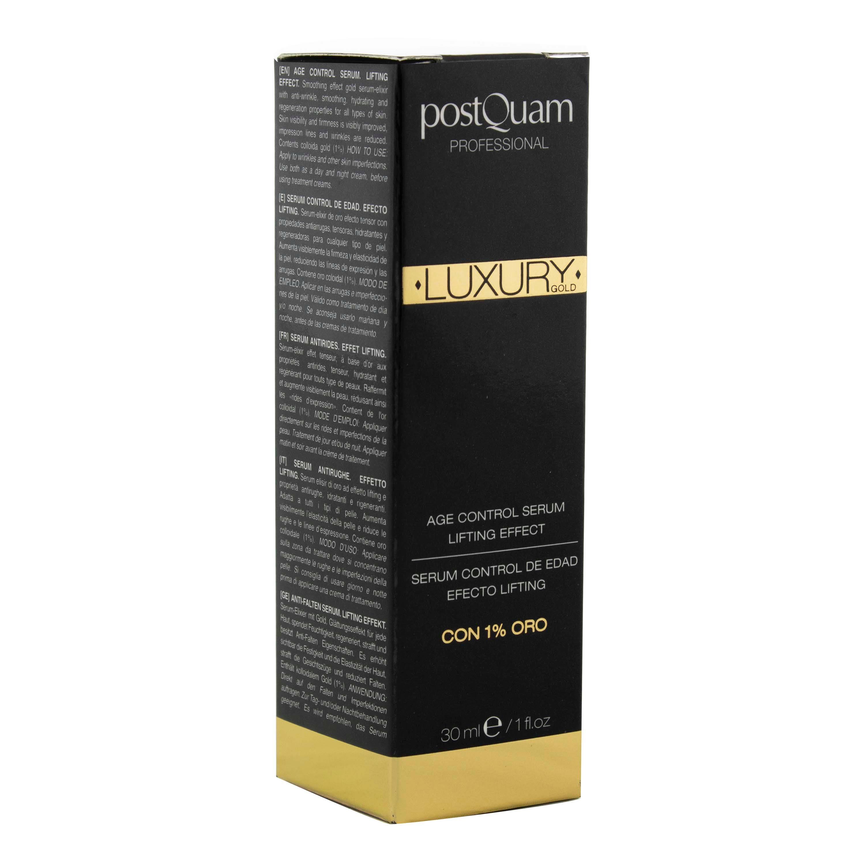 Confezione nera con dettagli dorati. Scritte: Postquam, Luxury, Age Control Serum, con 1% oro.