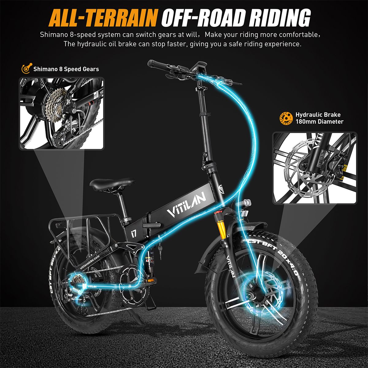 Bicicletta elettrica VITILAN i7 con componenti evidenziati: cambio a 8 velocità, freno idraulico.