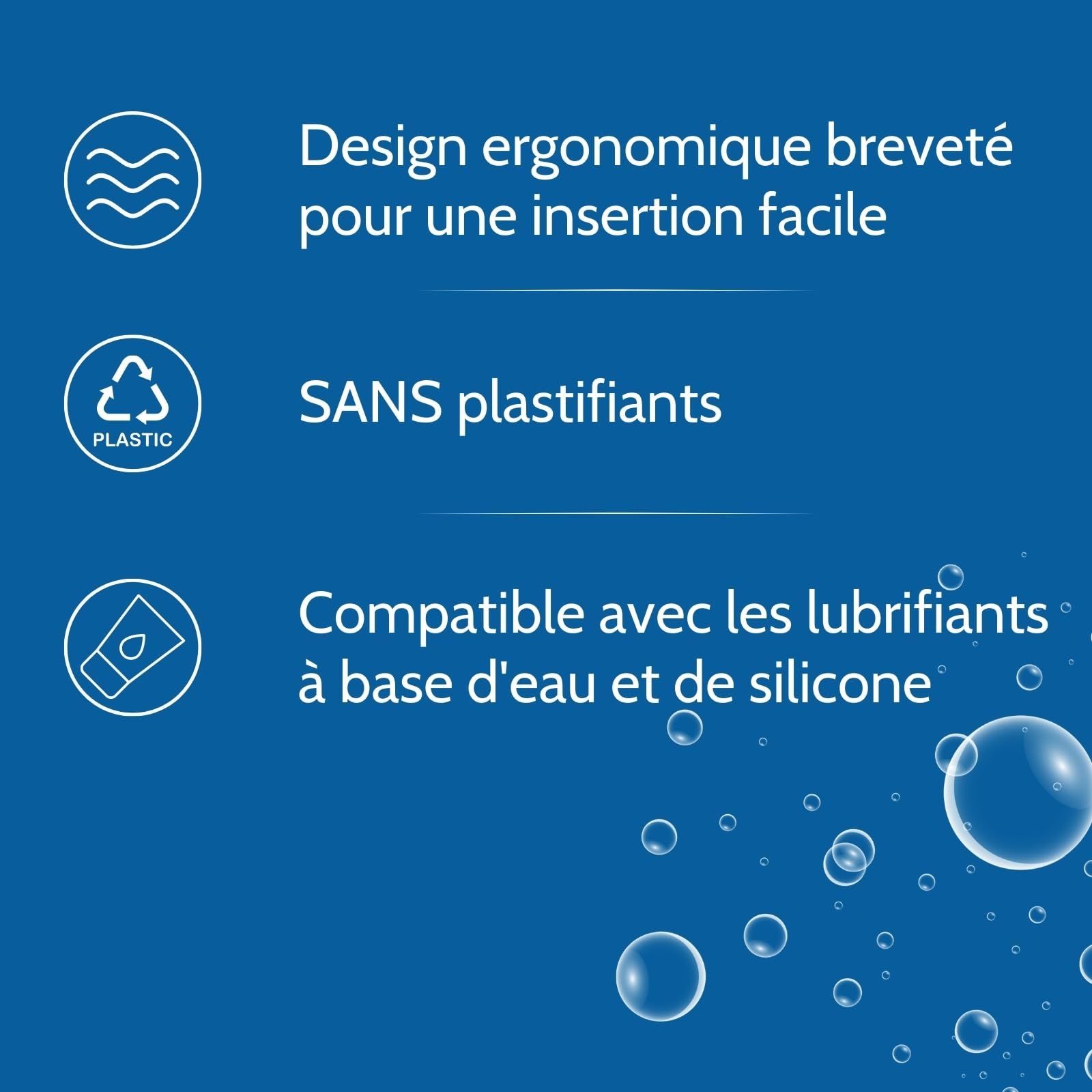 Grafica con tre icone: design ergonomico, senza plastificanti, compatibile con lubrificanti.