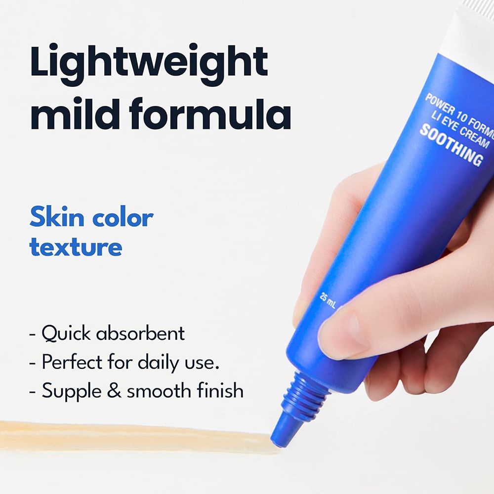 Tubo blu con testo. Scritta: POWER 10 FORMULA LI EYE CREAM SOOTHING. Crema su sfondo bianco.