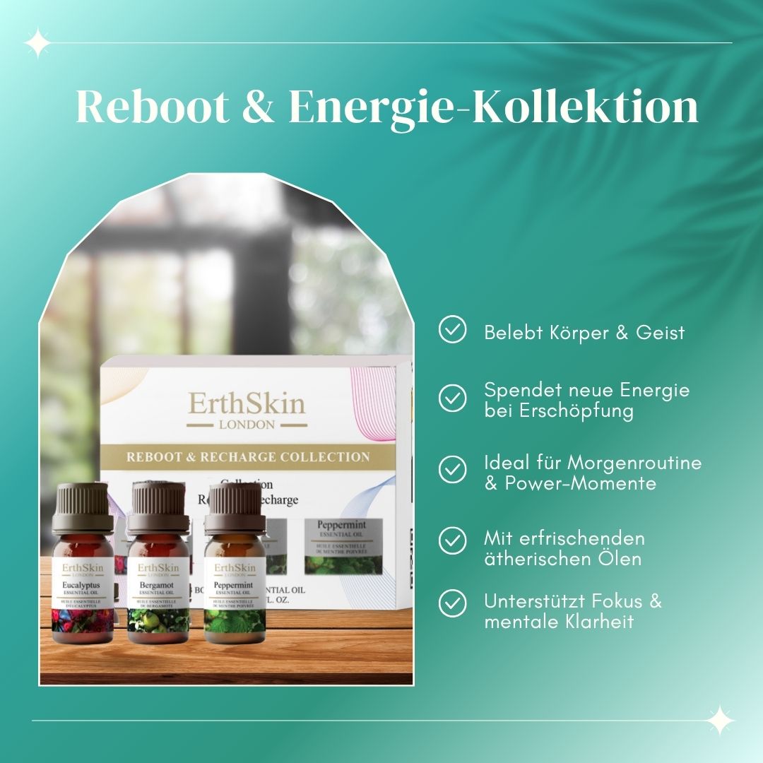 Tre piccole bottiglie di oli essenziali e un cofanetto. Il cofanetto riporta la scritta "ErthSkin London" e "Reboot & Recharge Collection". Testo: "Belebt Körper & Geist".