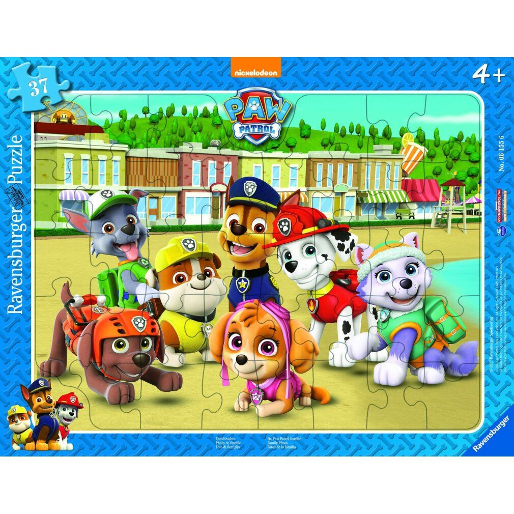 Puzzle con cornice da 37 pezzi. Soggetto: personaggi di Paw Patrol davanti a uno sfondo. Età consigliata: 4+. Marca: Ravensburger.