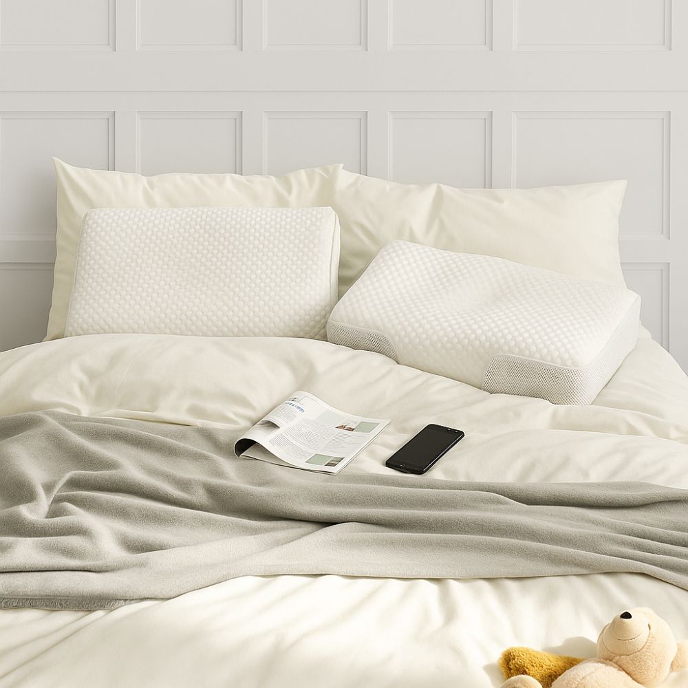 Due cuscini ergonomici bianchi su un letto. Un cuscino sul cuscino. Rivista e telefono accanto.