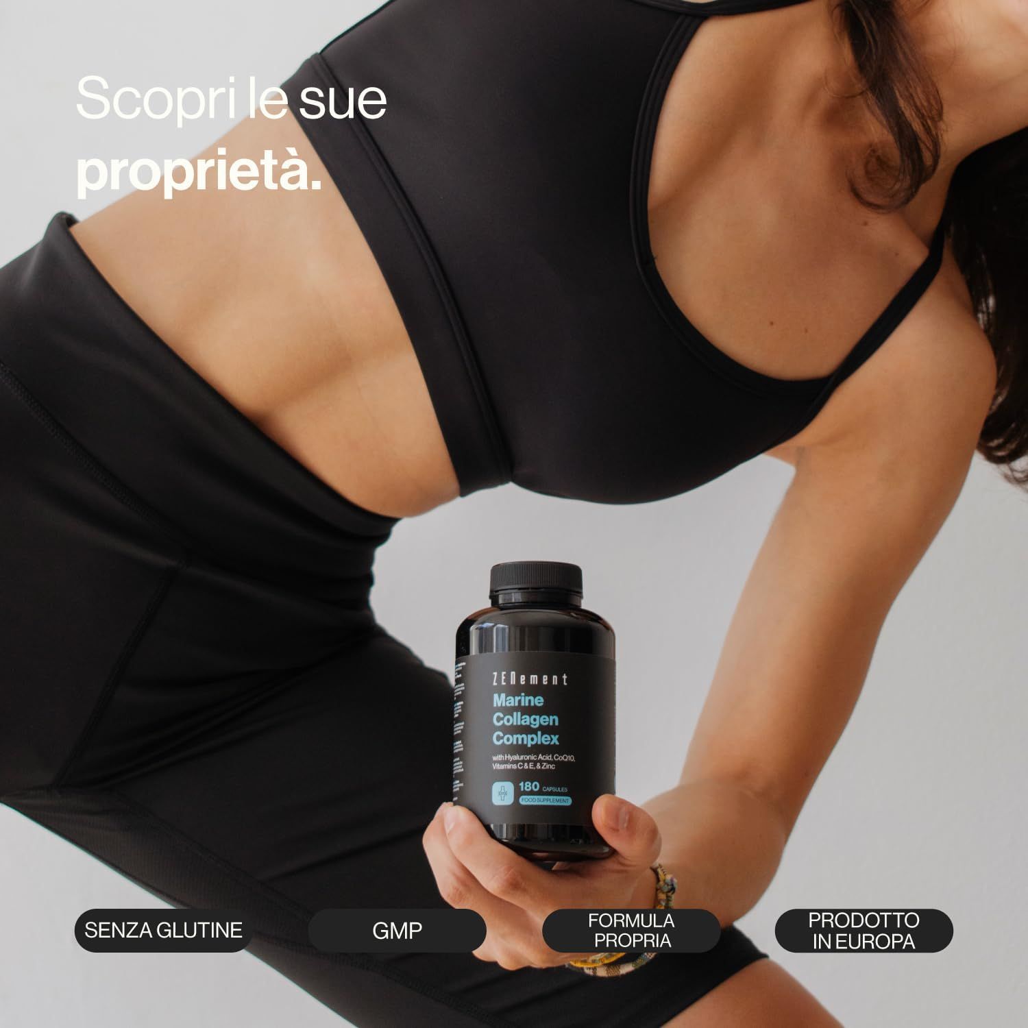 Flacone nero di capsule Zenement Meereskollagen Komplex. Scritte: Senza glutine, GMP, Formula propria, Prodotto in Europa.