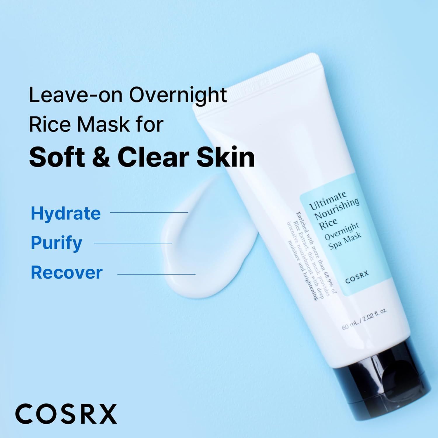 Tubo bianco con tappo nero. Scritta blu: Ultimate Nourishing Rice Overnight Spa Mask. Marchio COSRX.