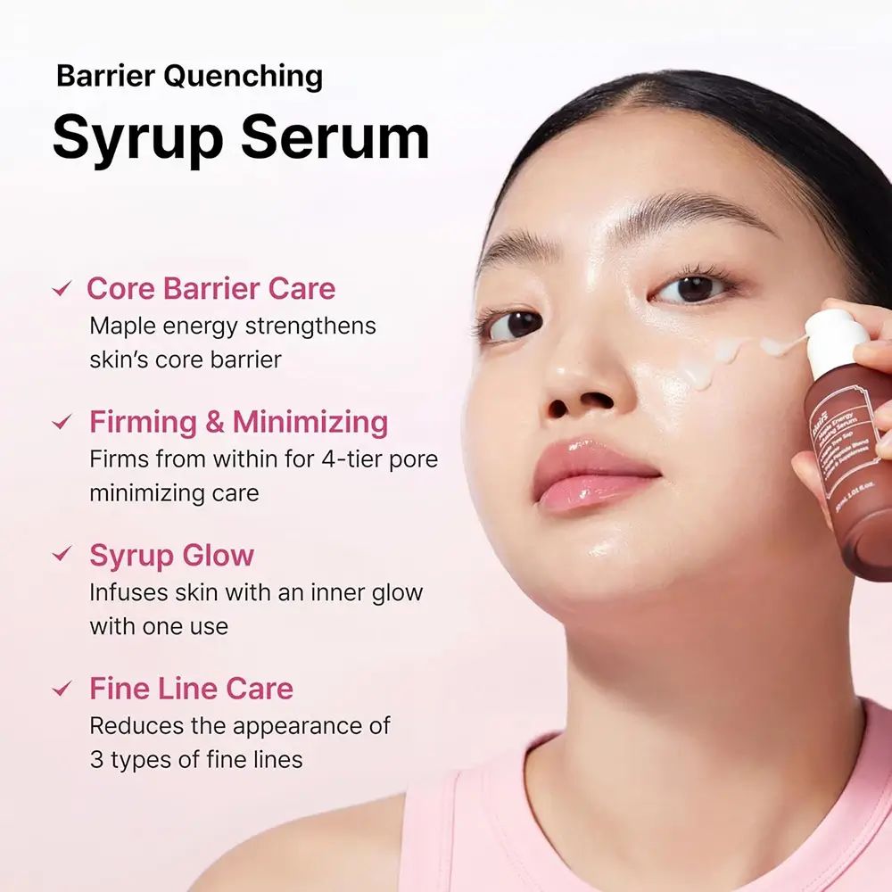 Donna con siero sulla pelle. Testo: Core Barrier Care, Firming & Minimizing, Syrup Glow, Fine Line Care.