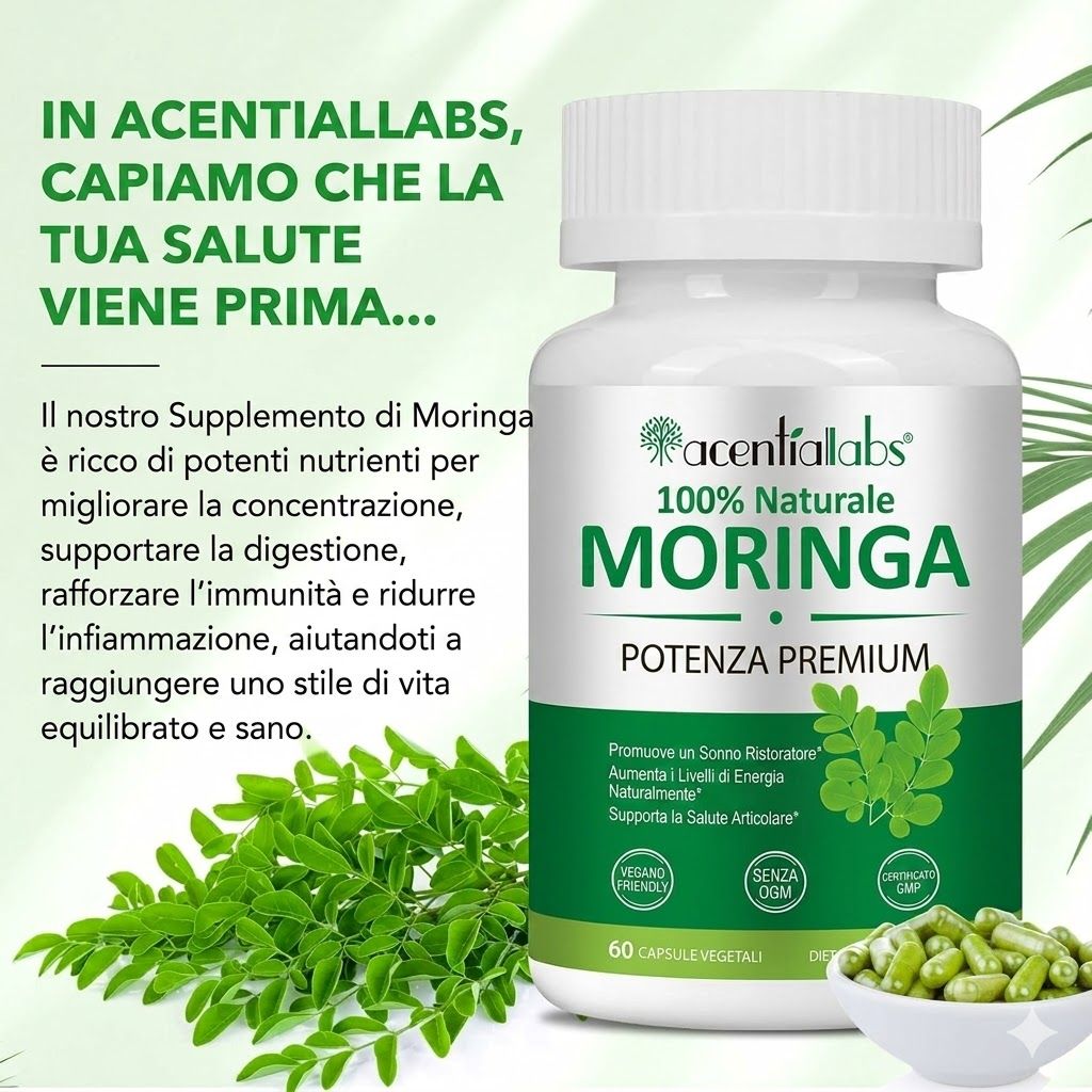 Capsule Zoxpm Moringa: Flacone con testo sui nutrienti per migliorare concentrazione, digestione e immunità.