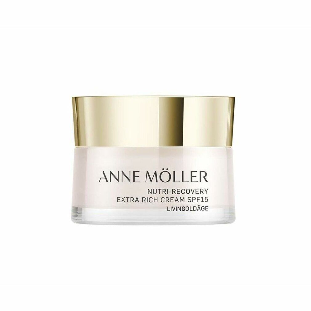 Vaso di crema con coperchio dorato. Scritta: ANNE MÖLLER, NUTRI-RECOVERY, EXTRA RICH CREAM SPF15, LIVINGOLDÂGE.