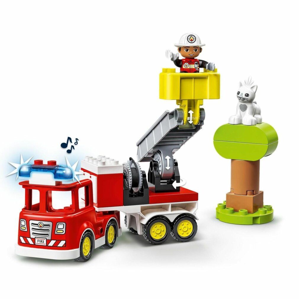 Set LEGO Duplo autopompa. Camion rosso con scala gialla, personaggio, gatto e albero. Senza confezione.