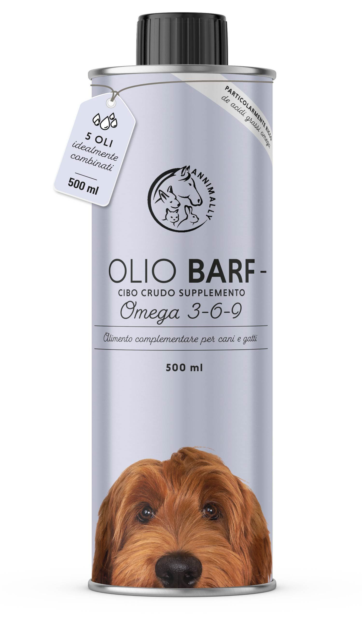 Latta d'argento di BARF-Öl, 500 ml. Faccia di cane. Etichetta con logo e informazioni.