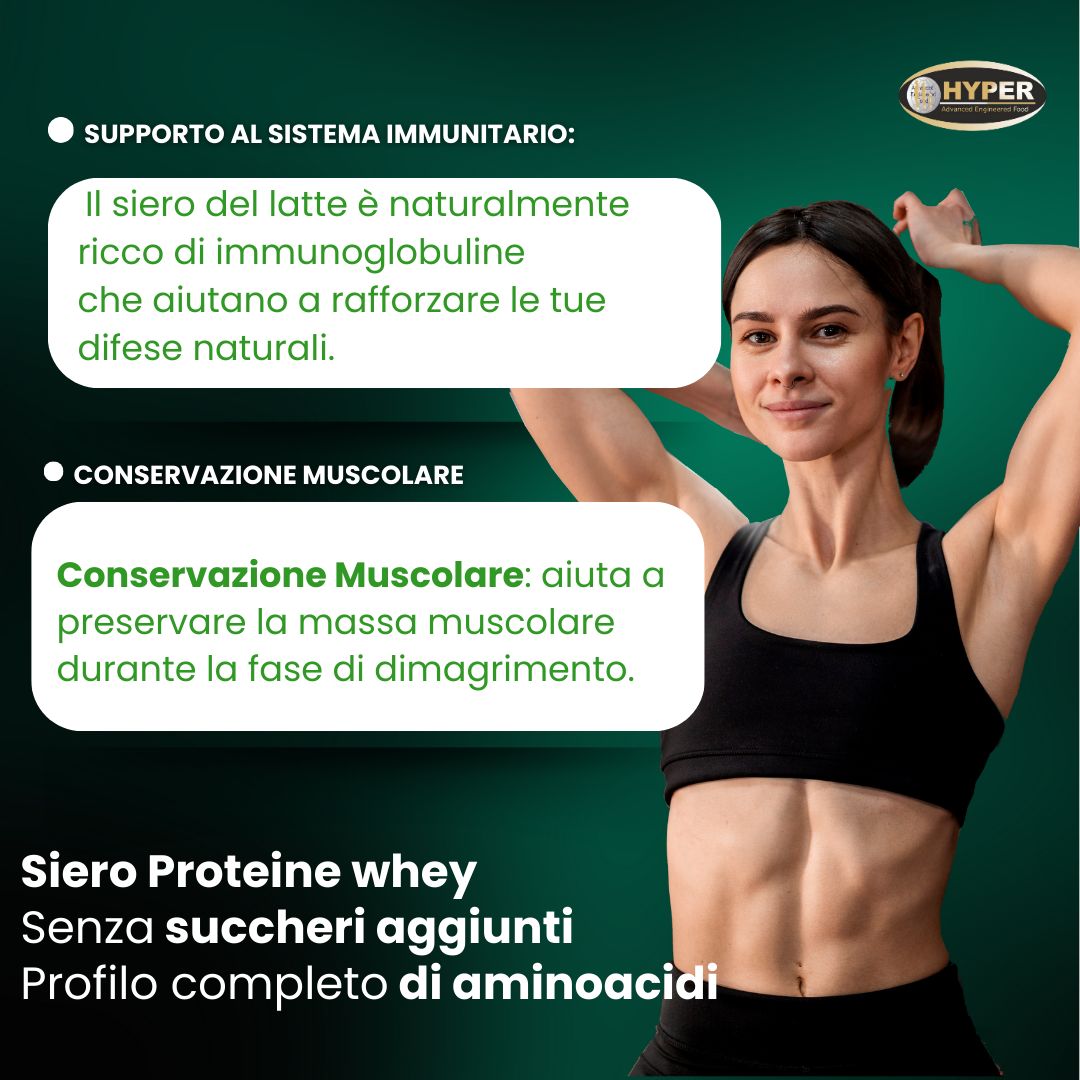 Donna con corpo muscoloso. Testo: Whey Protein, senza zuccheri aggiunti, profilo completo di aminoacidi. Supporta il sistema immunitario.