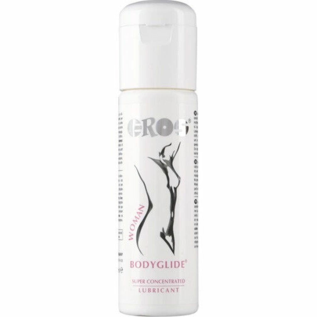 Flacone bianco con tappo a ribalta. Scritta EROS, BODYGLIDE Woman, illustrazione di una donna. Super Concentrated Lubricant.