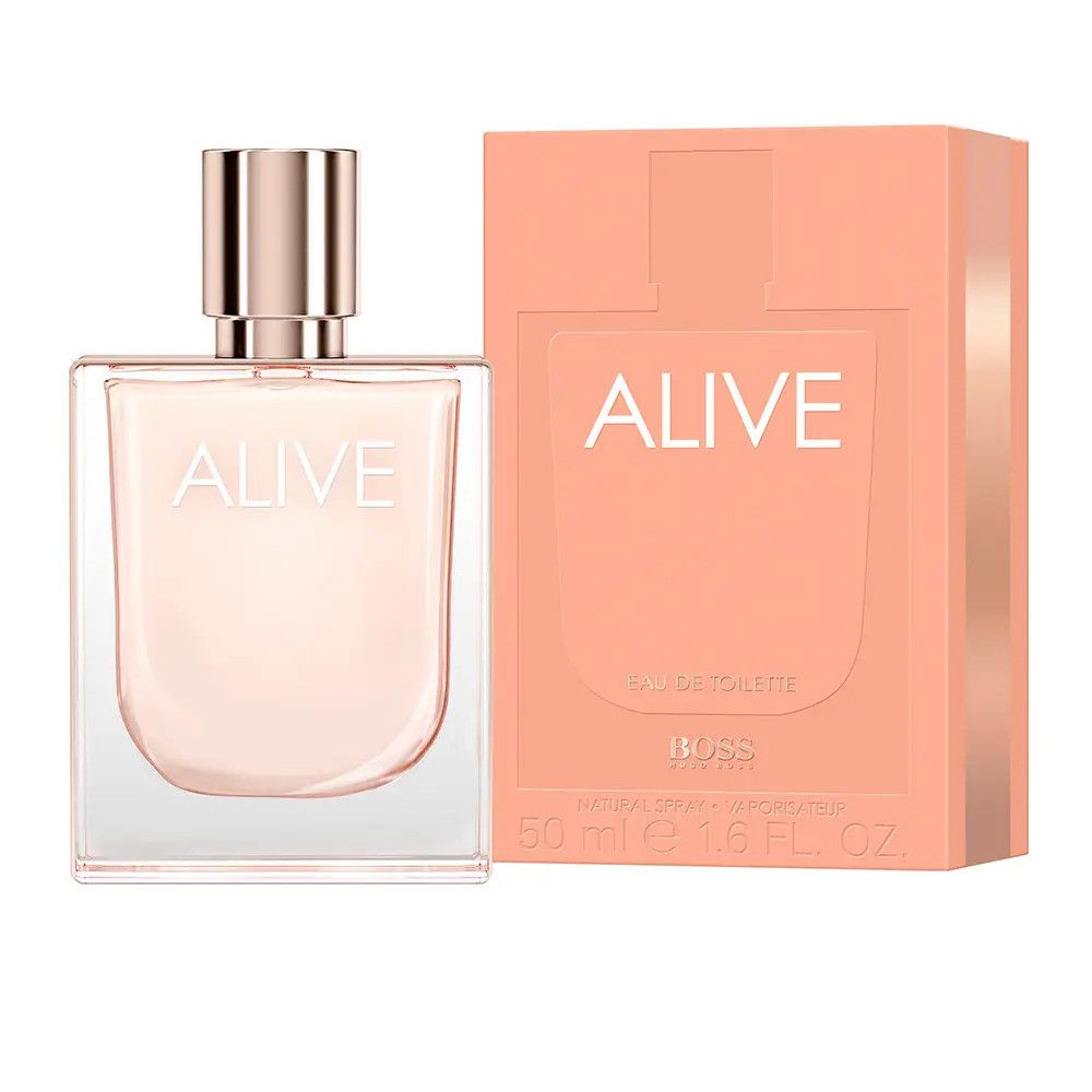Flacone e confezione di Alive E.d.T. Nat. Spray. Flacone quadrato, liquido rosa. Confezione rosa, scritta Alive.