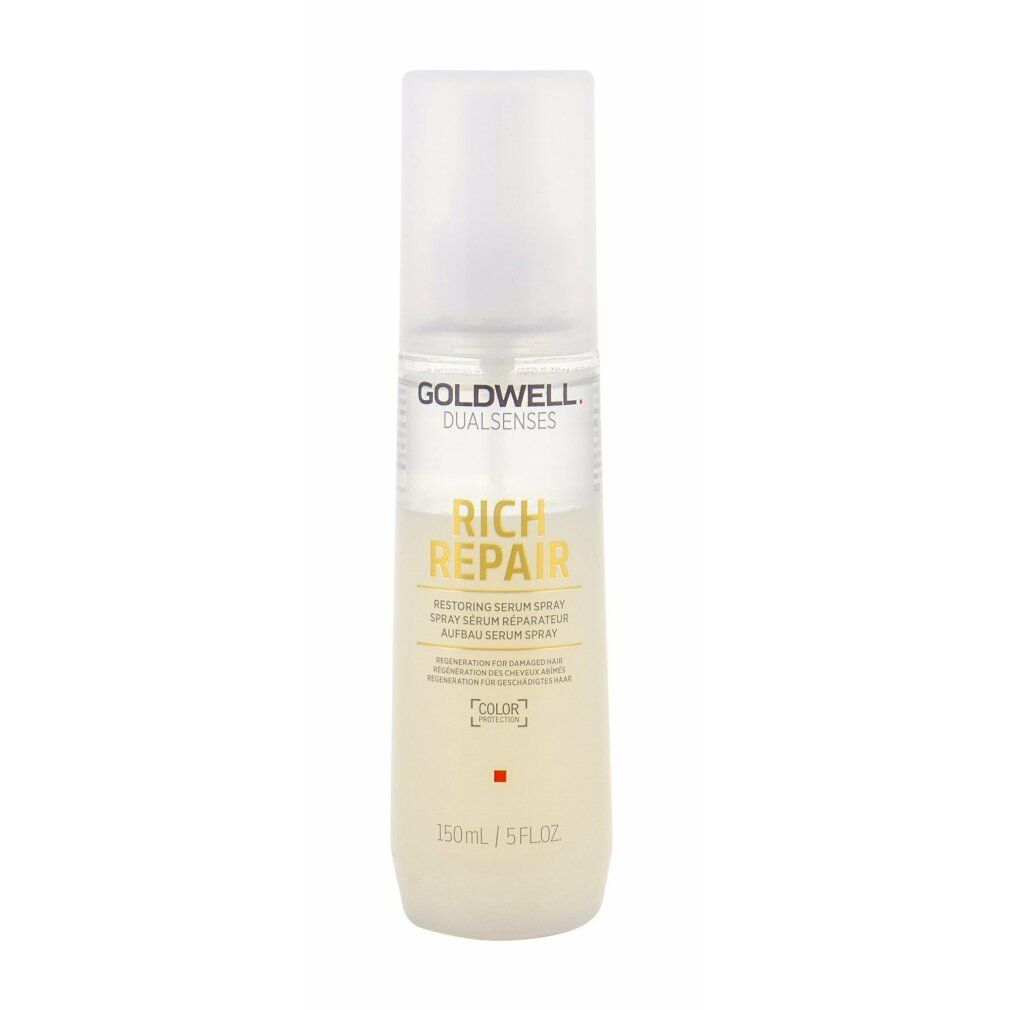 Goldwell Dualsenses Rich Repair Serum Spray. Flacone con erogatore spray. Testo: Rich Repair, 150 ml/5 fl.oz. Simbolo protezione colore.