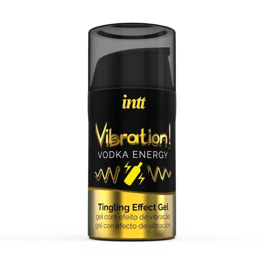 Flacone cilindrico con tappo nero. Scritta: INTT, Vibration! Vodka Energy, Tingling Effect Gel.