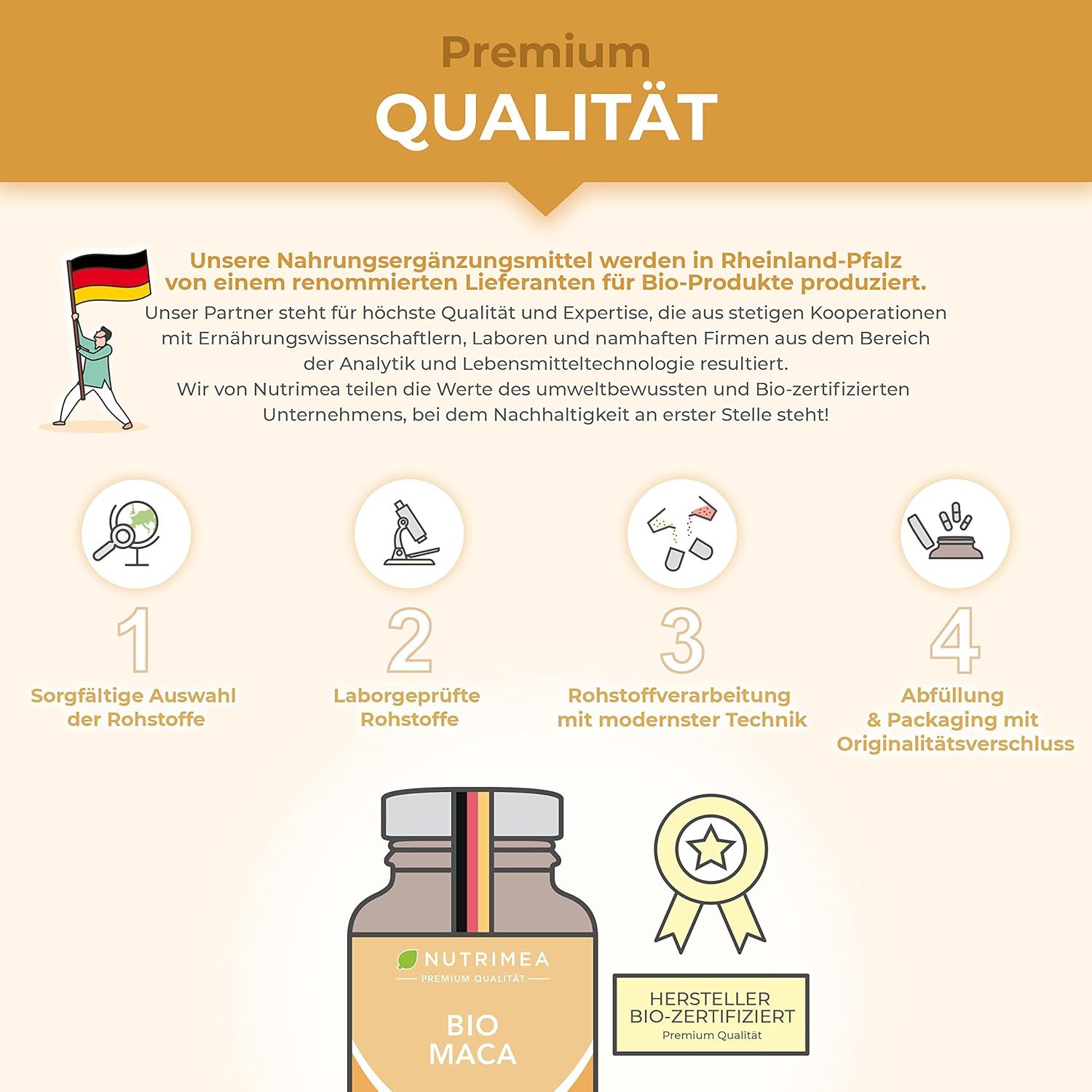 Grafica: Qualità Premium. Selezione materie prime, test di laboratorio, lavorazione, riempimento. Certificazione Bio.