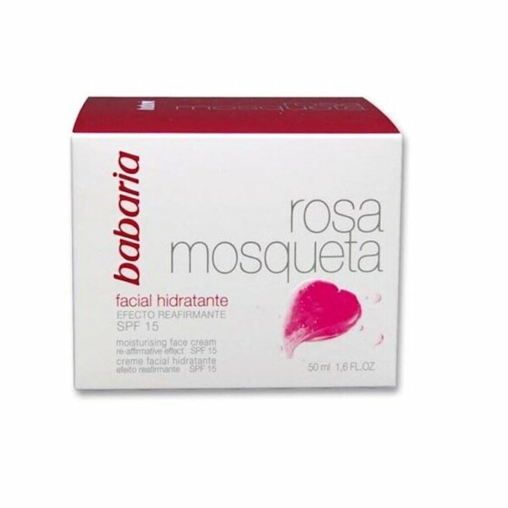 Scatola bianca con coperchio rosso. Scritta: Babaria, rosa mosqueta, facial hidratante, SPF 15. Design a cuore rosa.