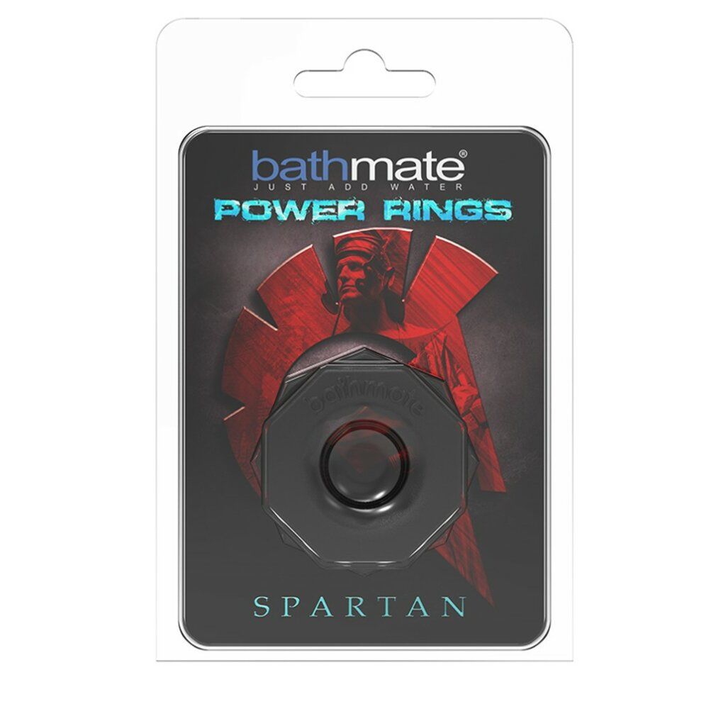 Confezione prodotto con anello nero. Testo: Bathmate Power Rings Spartan. Blister trasparente.