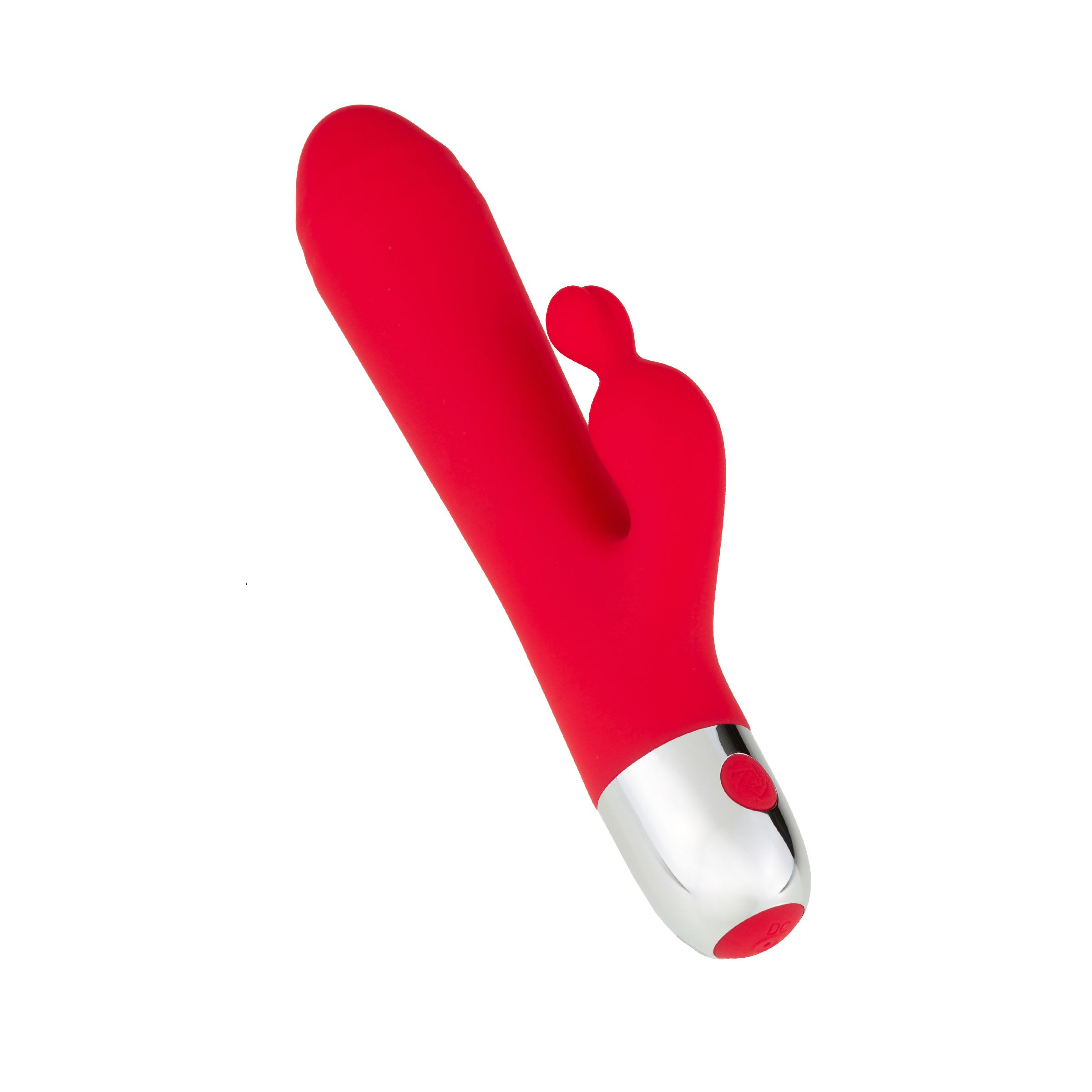Vibratore rosso con punta curva ed estremità argentata. Un pulsante. In silicone.