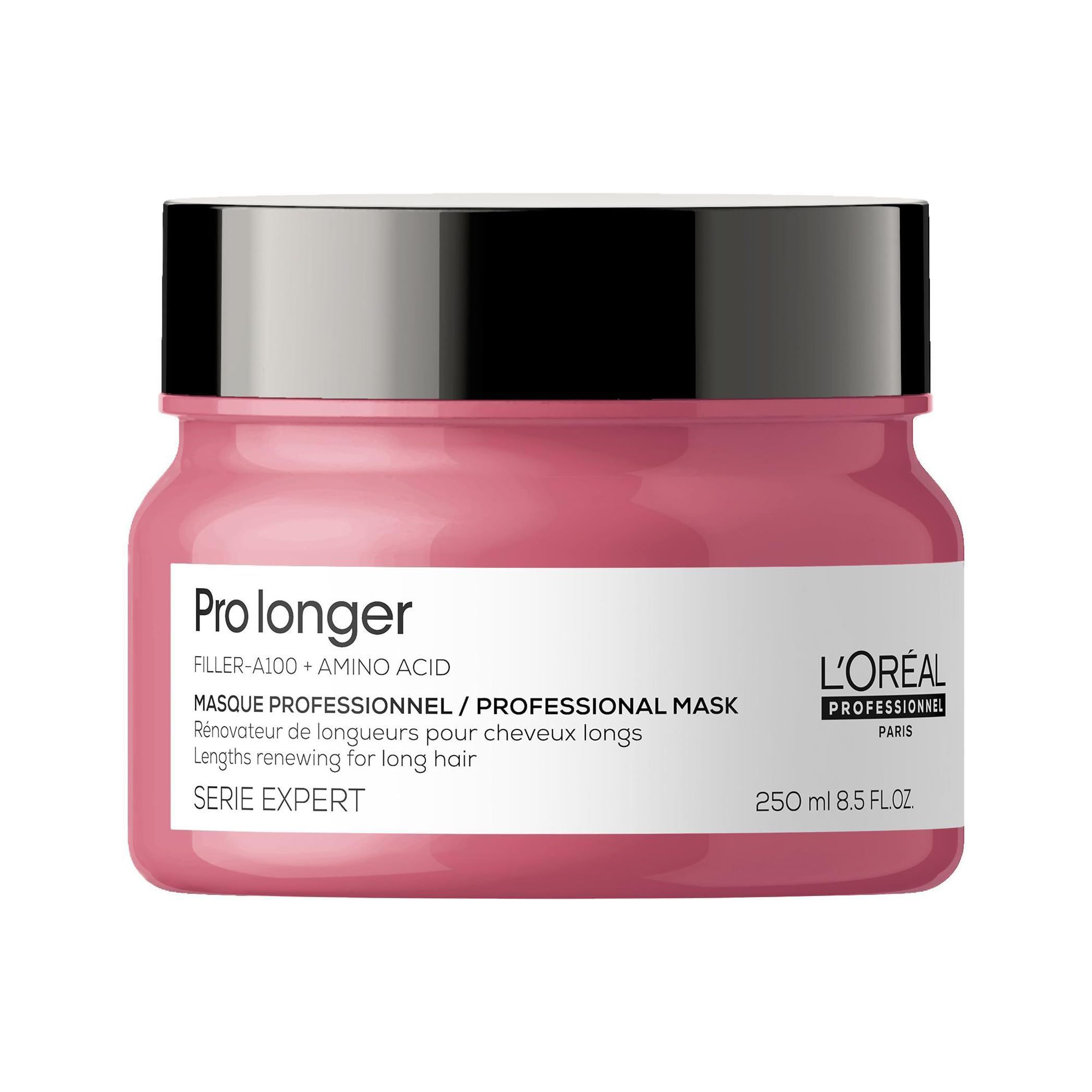 Vaso rosa con coperchio nero. Scritta: Prolonger, L'Oréal Professionnel, Masque Professionnel, Serie Expert.