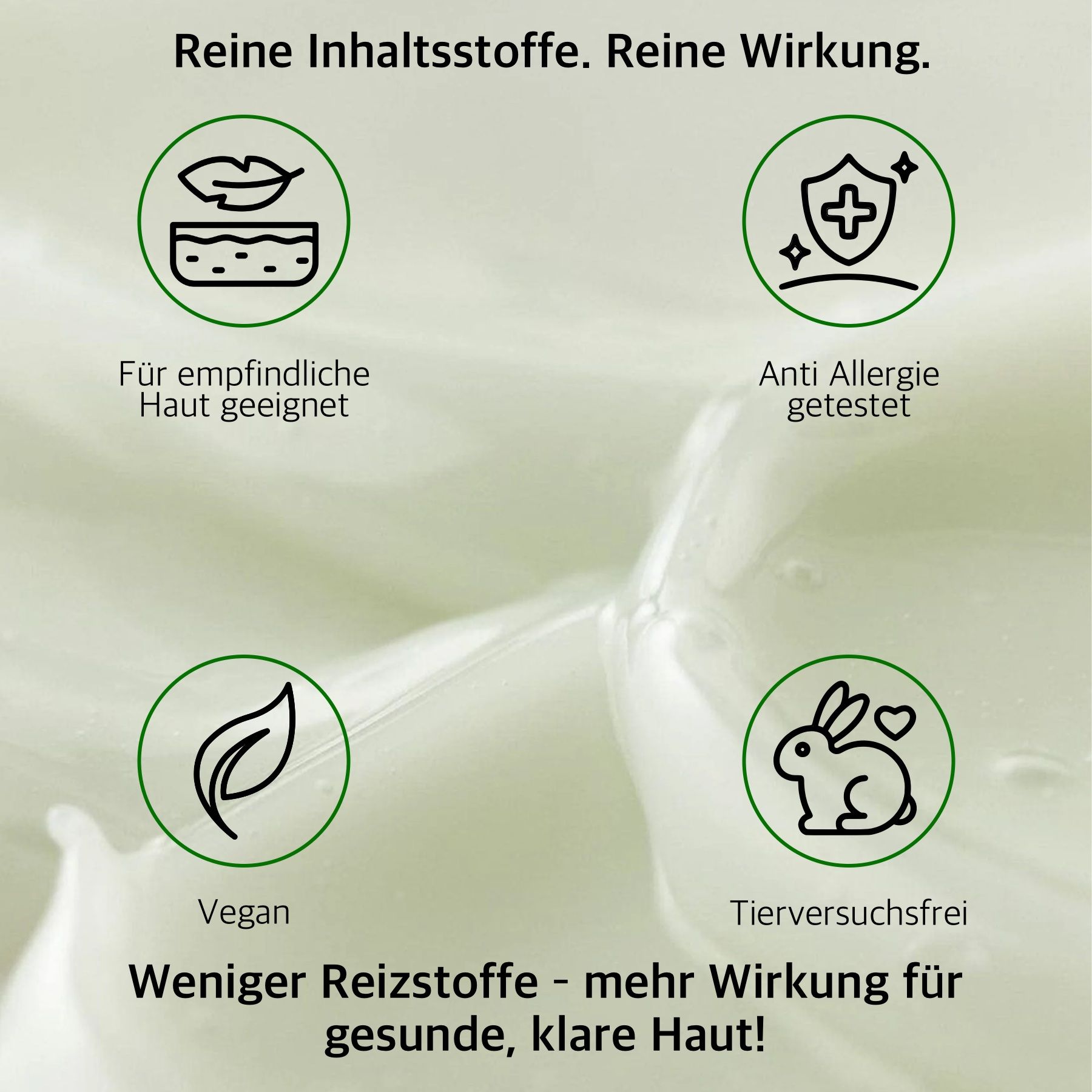 Grafica con icone. Per pelli sensibili, testato anti-allergico, vegano, cruelty-free. Testo sugli ingredienti.