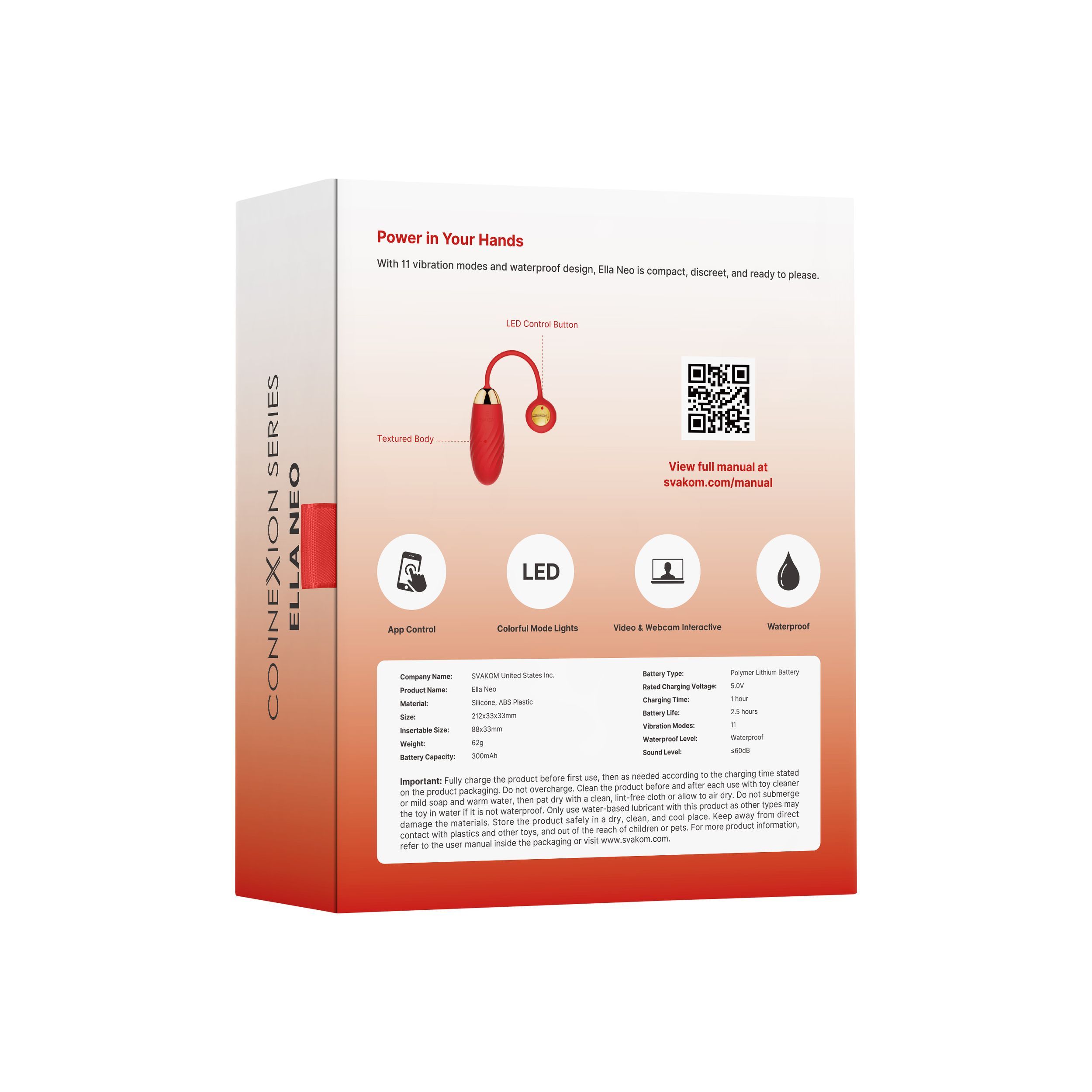 Retro della confezione di SVAKOM Ella Neo. Informazioni sul prodotto e codici QR.