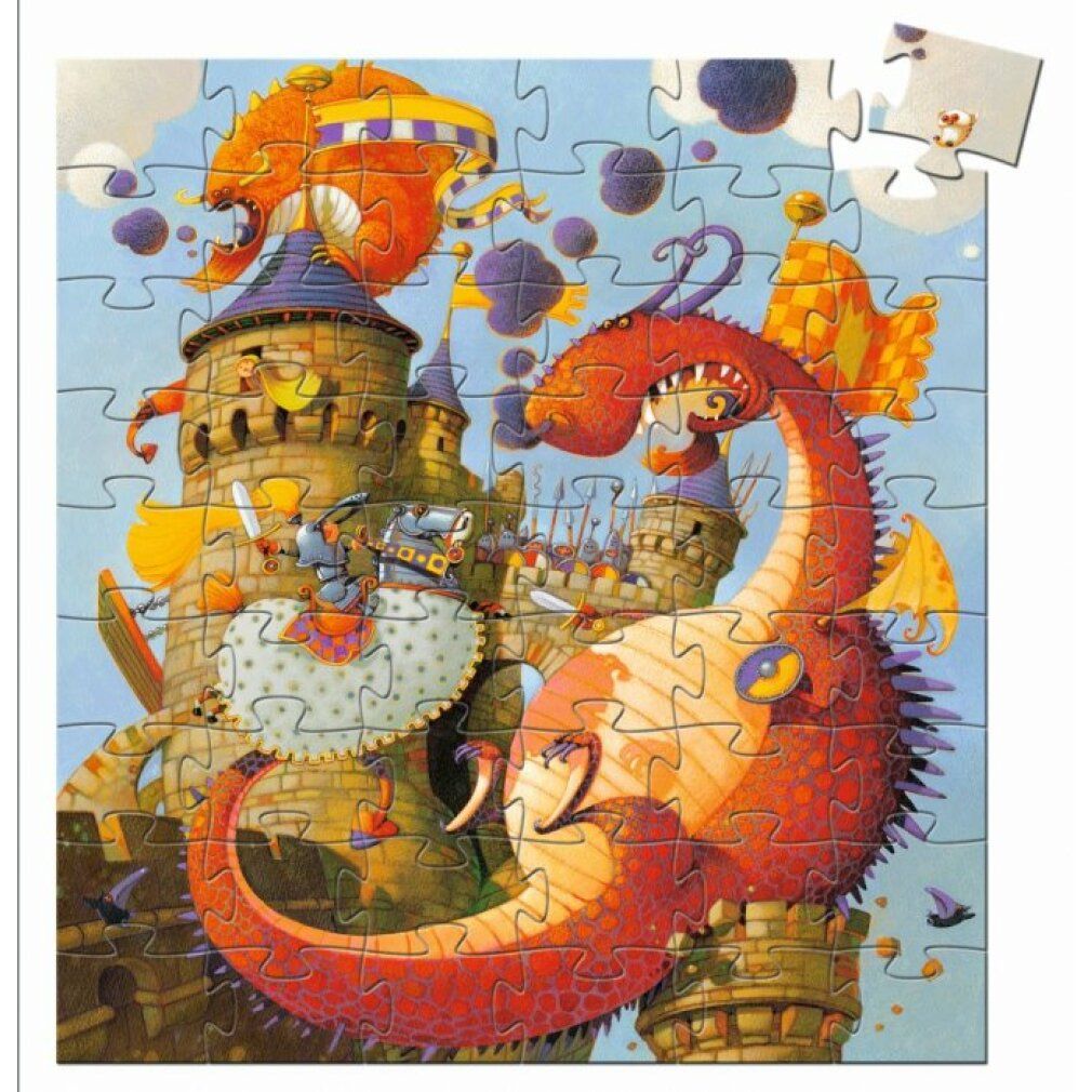 Puzzle completato con motivo drago. Castello, cavaliere, drago. Un singolo pezzo di puzzle accanto. Marchio: Djeco. 54 pezzi.